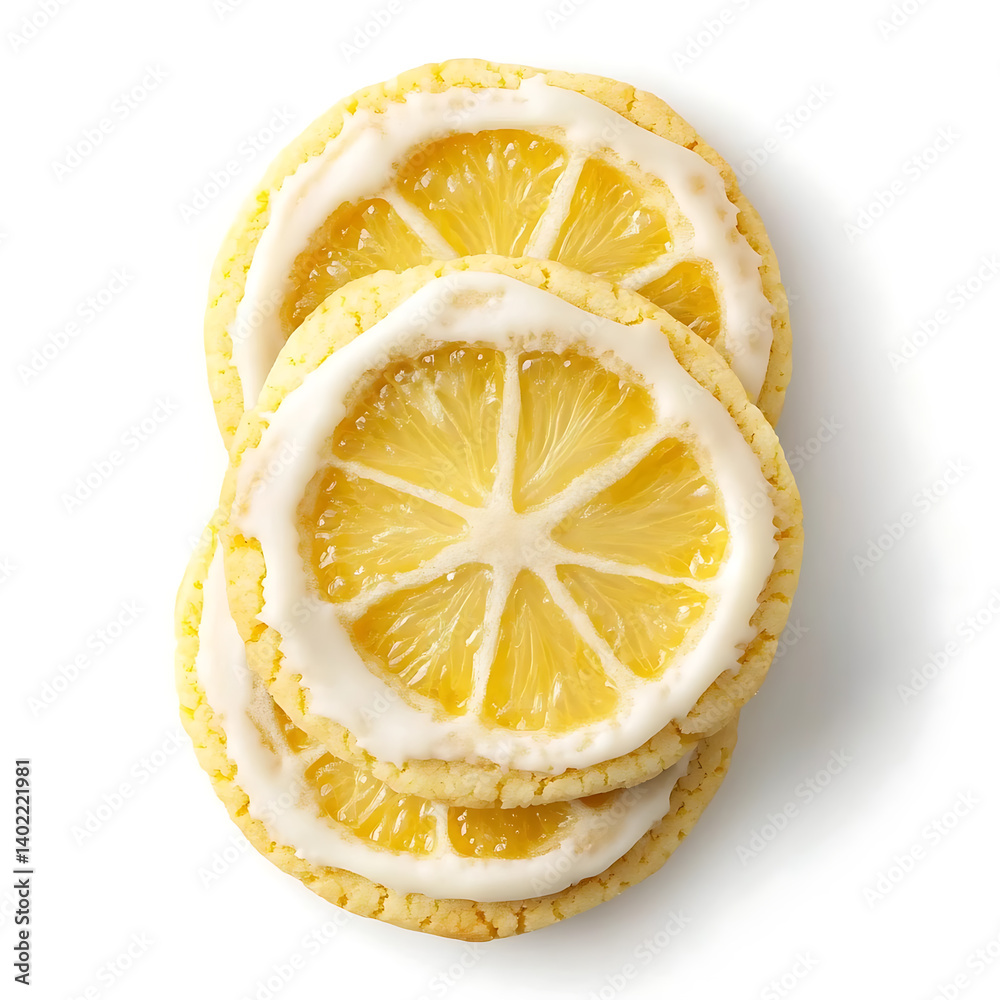 Soft and chewy lemon cookies with a tangy citrus flavor and a delicate crumb, isolated white background, modern art style