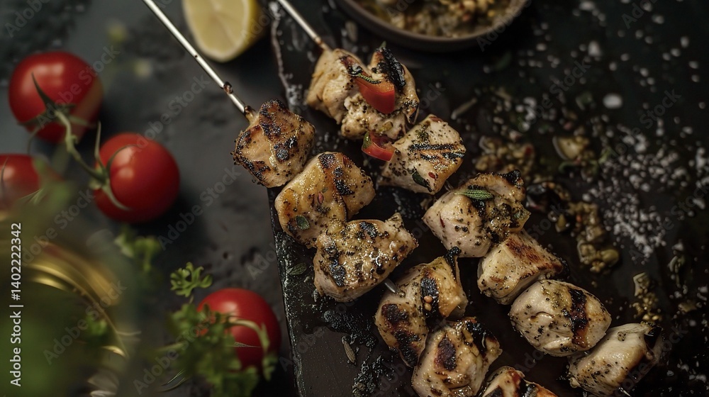 An inviting plate of souvlaki is attractively presented. The souvlaki, a classic Greek street food, features skewers of tender, marinated meat, typically pork or chicken An inviting plate of souvlaki is attractively presented. The souvlaki, a classic Greek street food, features skewers of tender, marinated meat, typically pork or chicken