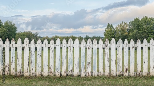 A weathered picket fence stands against a grassy field, its peeling white paint reflecting rustic charm beneath soft clouds and sunlit breaks