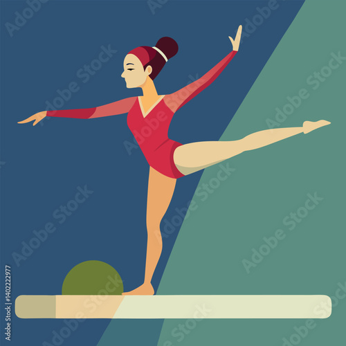 Gymnast performing an elegant balance pose on a beam in vector art 