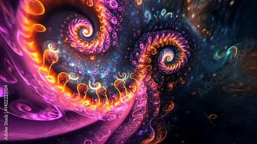 Vibrant fractal art with swirling spirals and cosmic nebulae