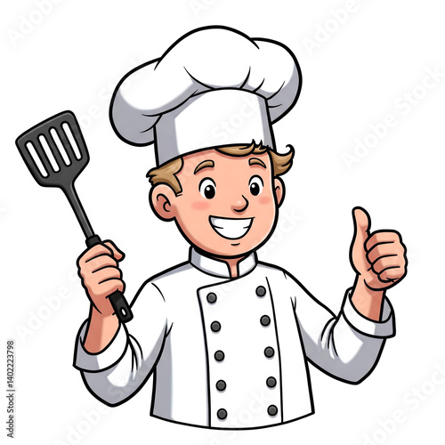 Cheerful cartoon chef holding a spatula and giving a thumbs up gesture in a PNG format with a transparent background.

