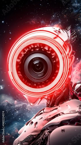Futuristic Robot Portrait with Glowing Red Elements in a Cosmic Space Background
