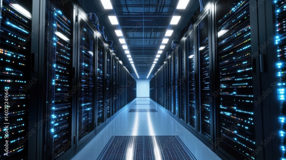 Corridor in active data center with rack servers and supercomputers.