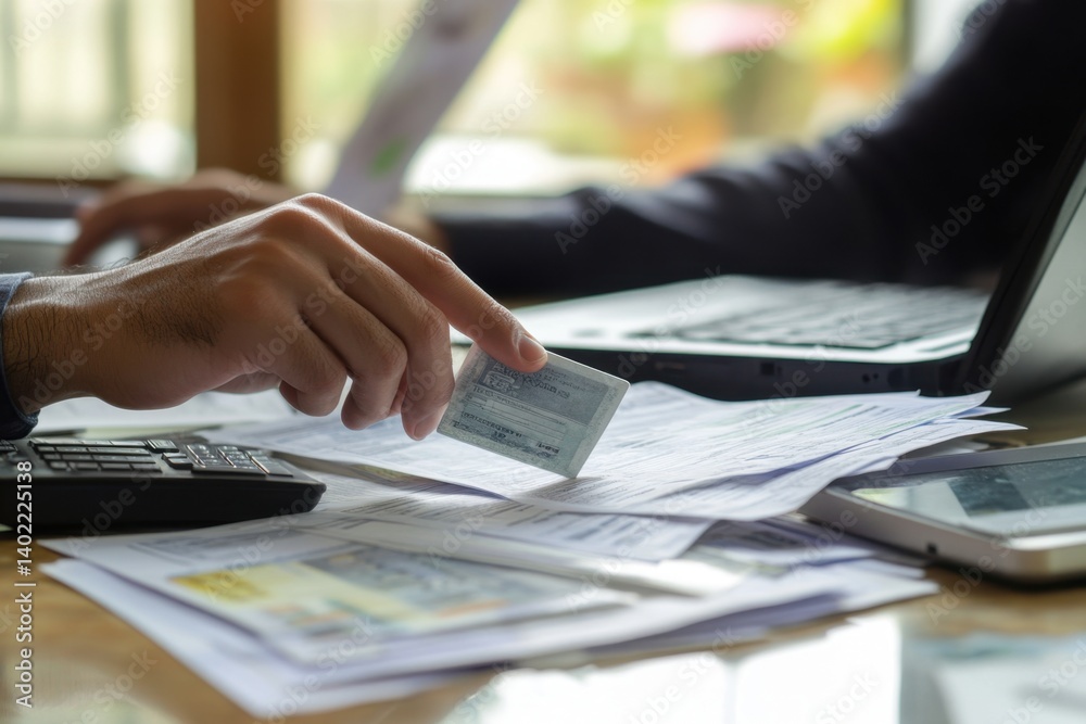 Financial documents and hand examining a card Financial documents and hand examining a card