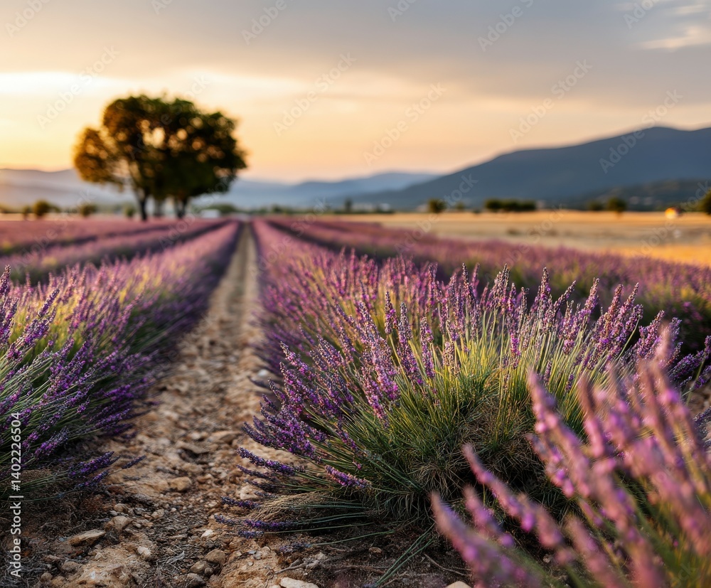 Obraz premium Lavender fields basking in golden sunset glow