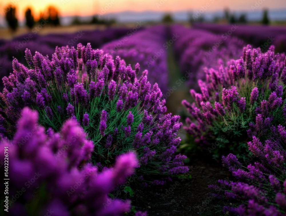 Obraz premium Lavender fields bloom at sunset in a tranquil setting