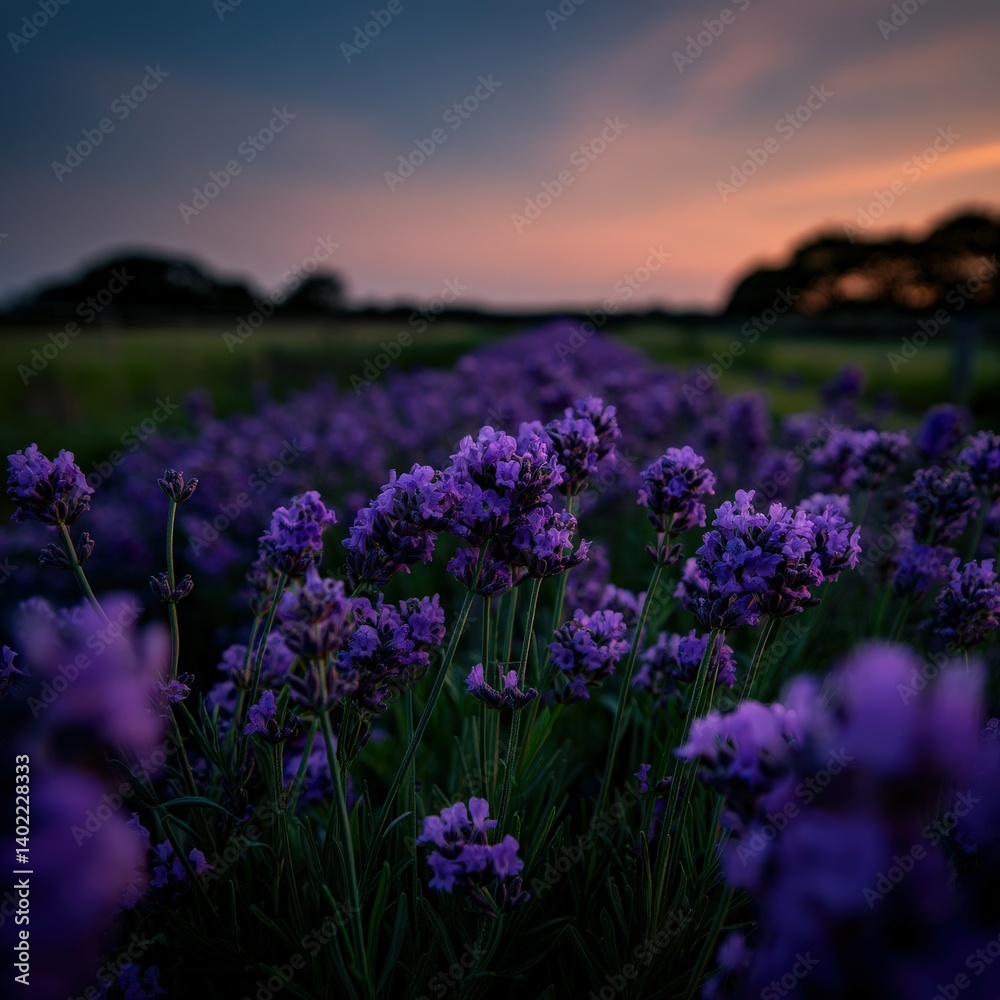 Obraz premium Lavender blooms under a twilight sky in the countryside