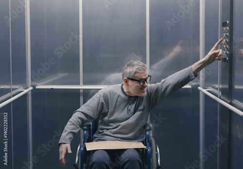 Man in wheelchair experiencing difficulties with the elevator