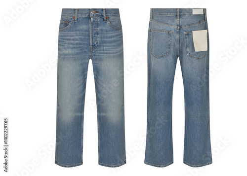 Denim Flare Pants fashion apparel on transparent background, women's wide leg blue jeans nobody