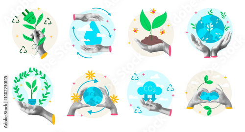 Recycled green energy. Hand halftone icon. Vintage Globe sticker for Earth. ECO environmental protection. Collage ecology element. Cartoon flat style isolated illustration. Vector garish graphic set