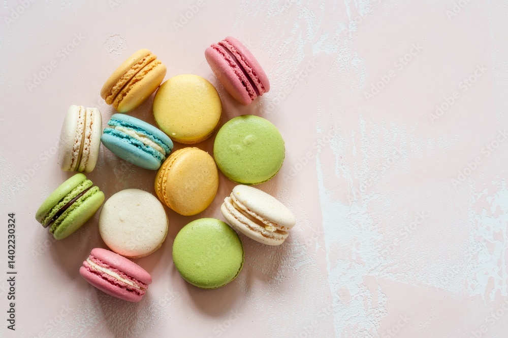 Colorful macarons scattered on a soft pink background create a delightful pastel display for dessert lovers Colorful macarons scattered on a soft pink background create a delightful pastel display for dessert lovers