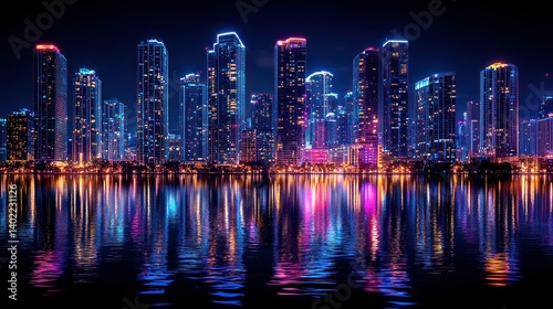 Miami Skyline Night Reflection: Vibrant Cityscape at Night