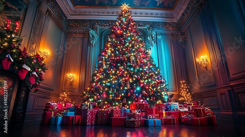 Vibrant Christmas tree adorned with neon lights and piles of presents beneath it