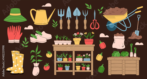 Garden. Compost plant, vegetable on shelves. Tool for farming, home spring flower. Care houseplant. Soil in wheelbarrow for organic agriculture, cartoon flat isolated illustration. Vector garish set