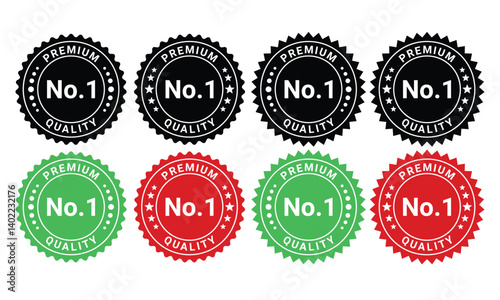 No 1 premium quality logo stamp set with pointed and rounded zig zag style in black and white color. No.1 quality logo icon vector template