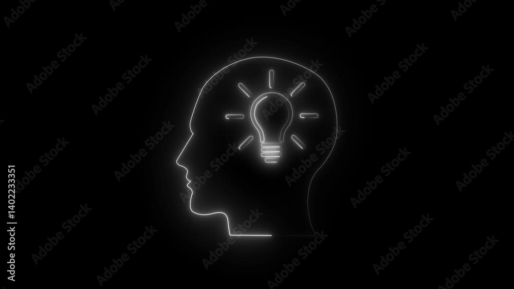 Glowing neon line Human head bulb icon .The human brain combined with an electric light bulb white color icon on black background Glowing neon line Human head bulb icon .The human brain combined with an electric light bulb white color icon on black background