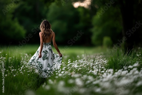 Girl in a floral dress walking through a spring field photo