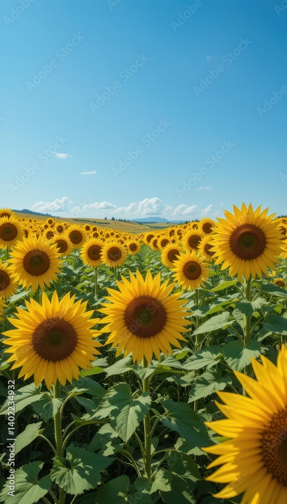 Fototapeta premium Bright and Cheerful Sunflower Field Under Clear Blue Sky
