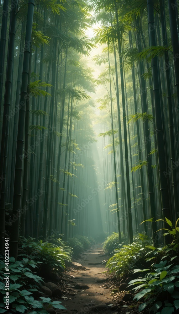 Serene Bamboo Forest Pathway with Soft Light and Greenery Serene Bamboo Forest Pathway with Soft Light and Greenery