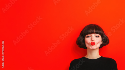 A woman making a silly face against a solid background, capturing a playful moment in high fidelity.