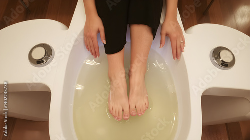 Woman on ionic detox foot bath procedure in spa. Foot soak in special machine, 