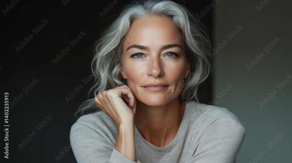 Elegant middle-aged woman with silver hair poses thoughtfully in a softly lit room during morning hours for a serene portrait Elegant middle-aged woman with silver hair poses thoughtfully in a softly lit room during morning hours for a serene portrait