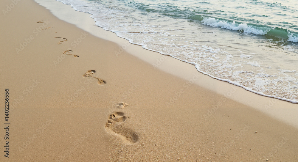 Footprints on sandy beach with gentle waves in background Footprints on sandy beach with gentle waves in background