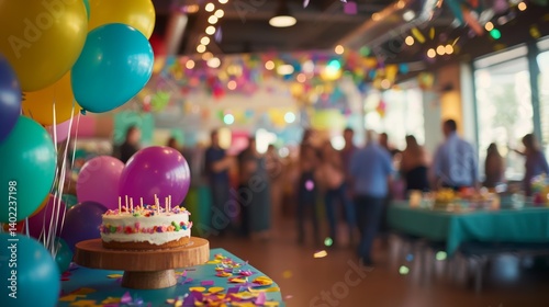 Colorful balloons, streamers, and a decorated cake create a joyful birthday celebration