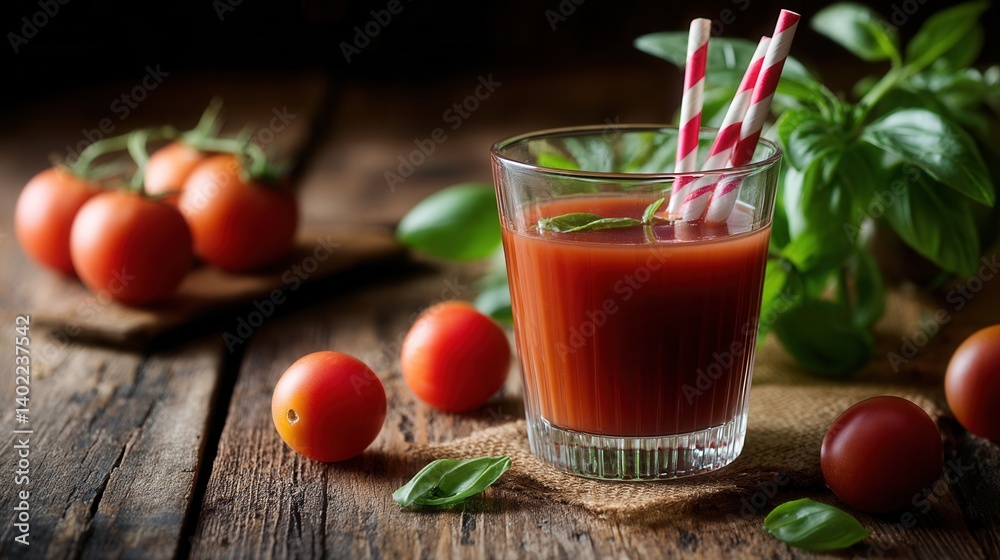 Refreshing homemade tomato juice with striped straws on rustic wooden table