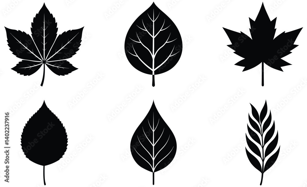 Obraz premium leaves Silhouettes vector set with various trees and foliage including Poplar, Chestnut, Willow, Linden, Mango and Jackfruit leaf, ideal for nature and seasonal design