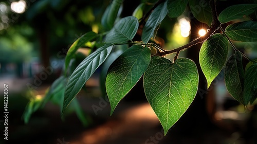 Fototapeta Naklejka Na Ścianę i Meble -  Peaceful green leaves glowing in evening light at park