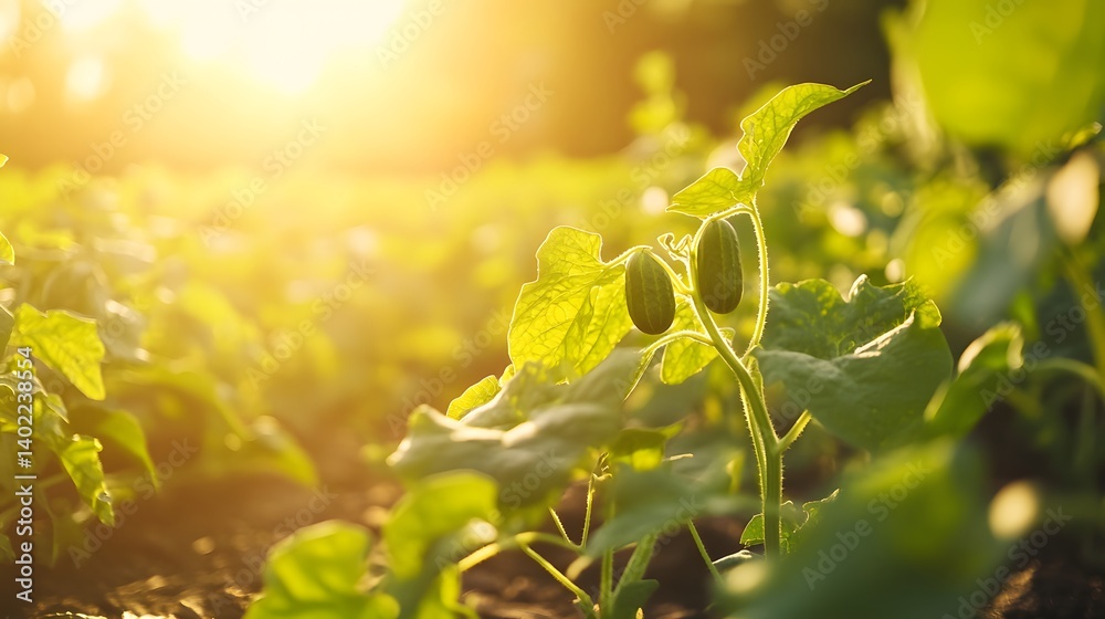 A close-up of cucumber plant with fruit growing on vine in sunlight.
A close-up of cucumber plant with fruit growing on vine in sunlight.
