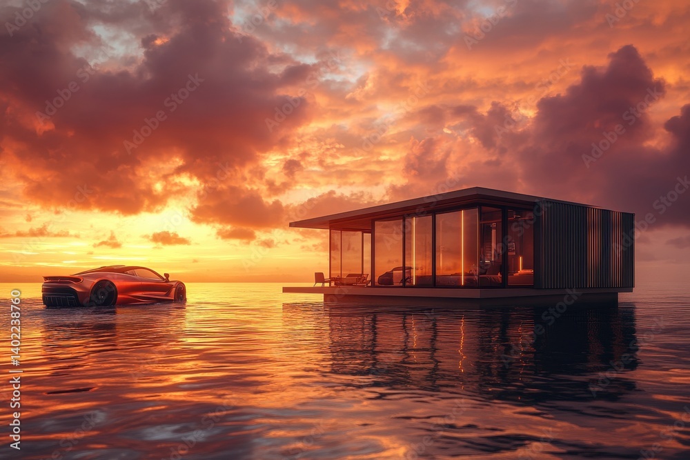 Luxury sports car floating shipping container home Luxury sports car floating shipping container home
