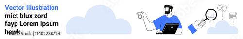 Person with laptop gesturing toward analysis, cloud systems, and innovation. Ideal for technology, teamwork, data management, creativity, research digital solutions productivity. Flat landing page