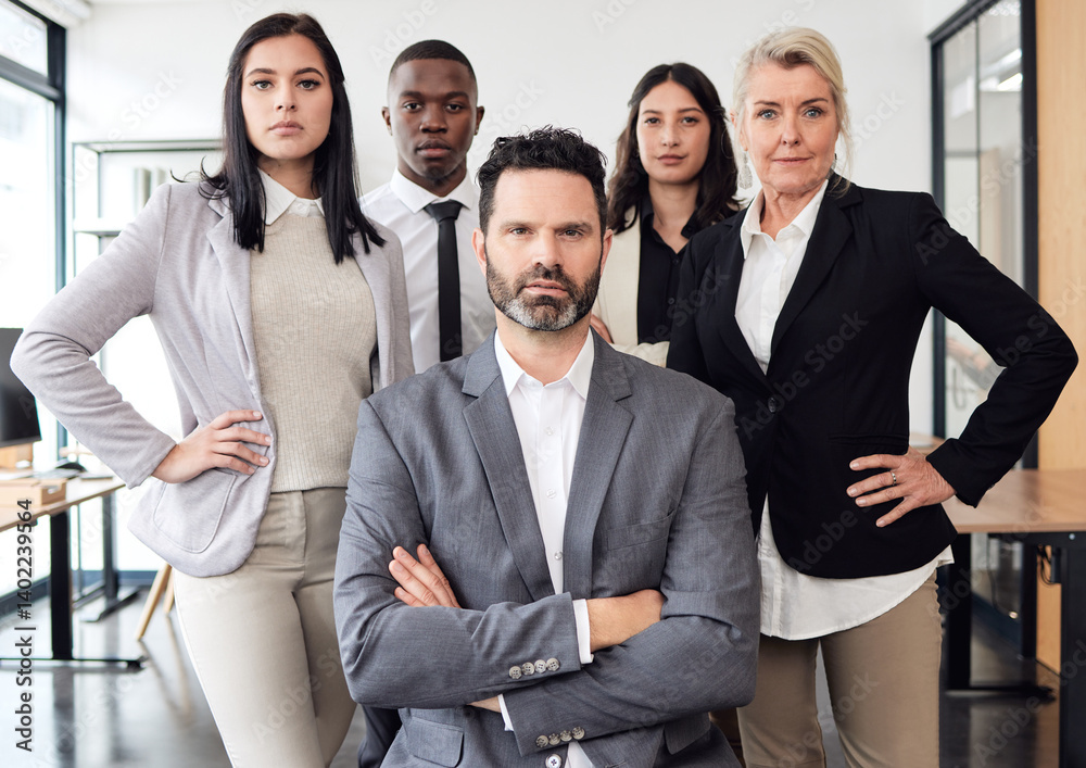 Business people, confident and diversity portrait in office, employees and proud of teamwork opportunity. Colleagues, solidarity and unity for company development, collaboration and support by leader Business people, confident and diversity portrait in office, employees and proud of teamwork opportunity. Colleagues, solidarity and unity for company development, collaboration and support by leader