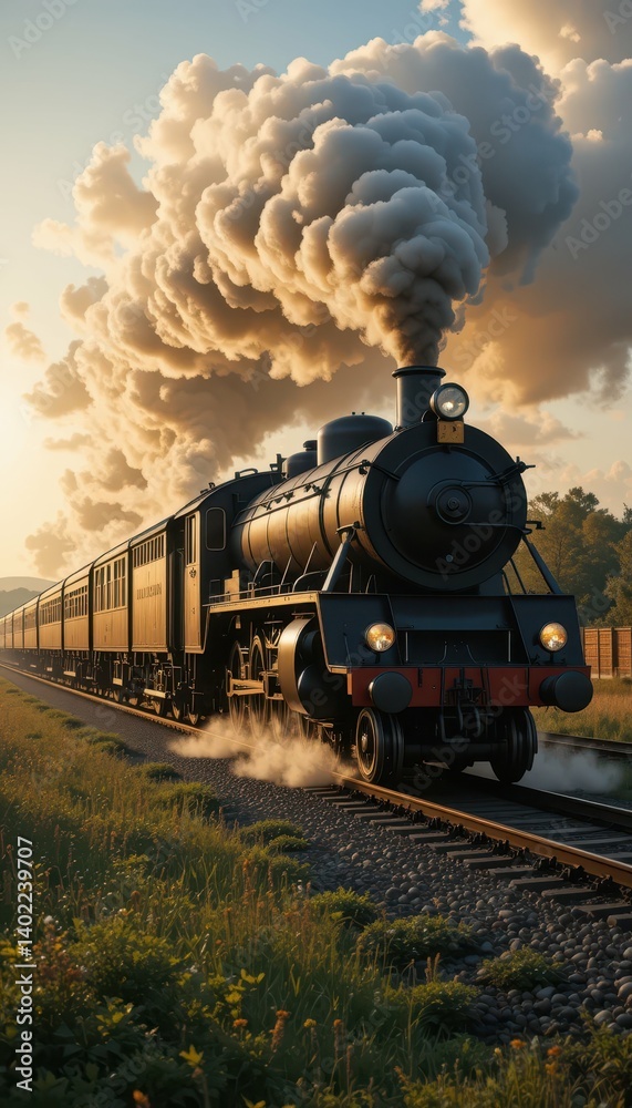 Fototapeta premium Vintage Steam Train Chugging Along Scenic Countryside at Sunset