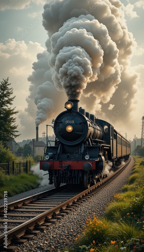 Fototapeta premium Vintage Steam Train Journey Through Scenic Countryside Landscape