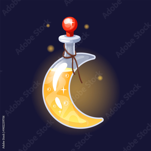 Magic potion. Elixir bottle. Mystery liquid. Magical poison. Fairy drink. Glass vial. Shiny crescent and stars. Wizard chemistry. Game asset. Alchemy lab. Fantasy beverage jar. Vector witchcraft phial