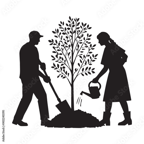 People planting trees Men digging soil and woman watering plant silhouette White Background.