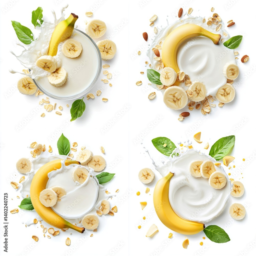 Circular creamy milk or yoghurt splash with banana slices and leaves, isolate on white background. Mix Collection.