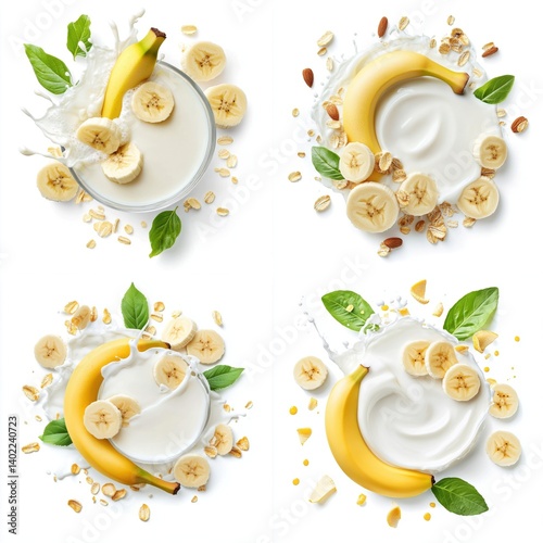 Obraz na płótnie Circular creamy milk or yoghurt splash with banana slices and leaves, isolate on white background. Mix Collection. w salonie