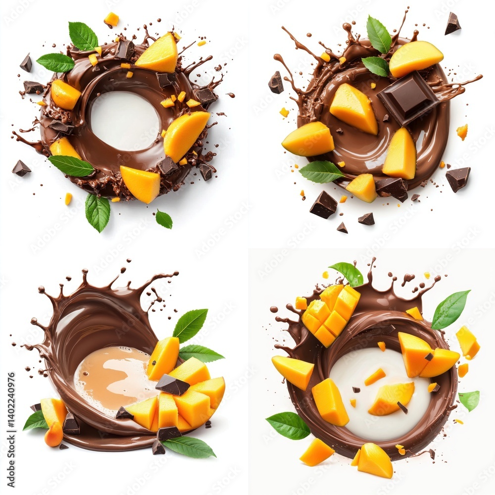 Circular chocolate milk splashing swirl with mango slices and leaves, isolate on white background. Mix Collection.