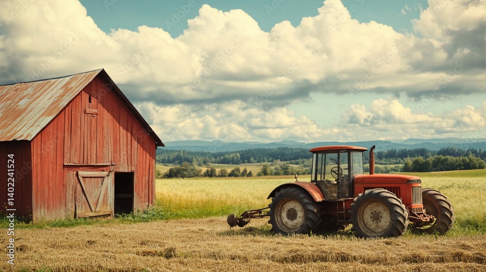 Fototapeta premium Rustic farm scene with red barn and tractor under a cloudy sky landscape