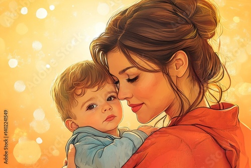 Young mother holds her son with care and love. Happy Mothers Day concept with mom and small boy.  illustration, Generative AI