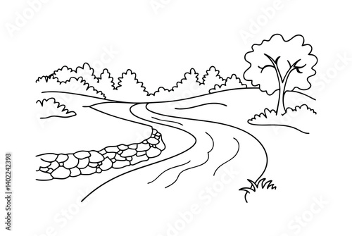 Hand Drawn Landscape With River,Trees And Stone Embankment Black And White