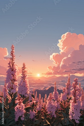 A beautiful, serene scene of blooming flowers at sunset, with soft clouds and vibrant colors in the sky. Concept of peace, beauty, and nature's tranquility