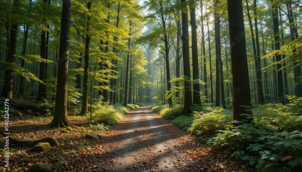 Obraz premium Serene Forest Pathway Surrounded by Lush Green Trees and Sunshine