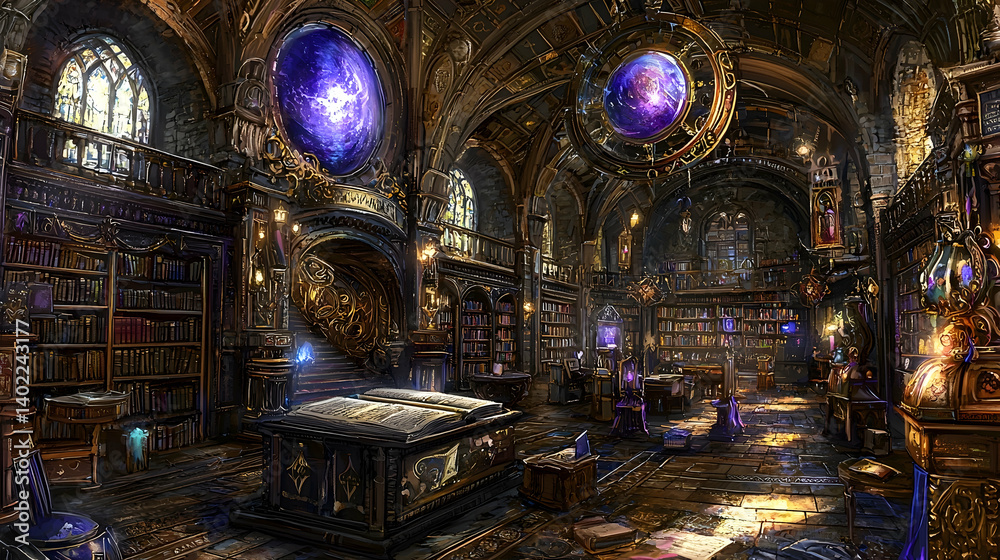 Fototapeta premium Grand library, magical orbs, arcane knowledge, fantasy interior, game concept art