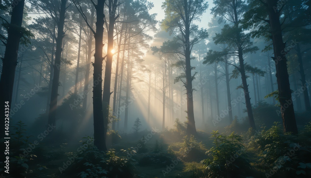 Obraz premium Ethereal Morning Light Breaking Through Misty Forest Trees